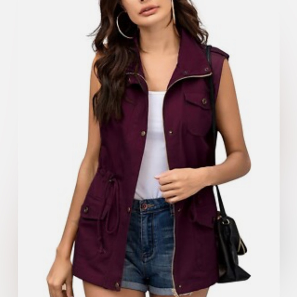 Entro Cargo Style Zip Front Vest Burgundy Color Size S